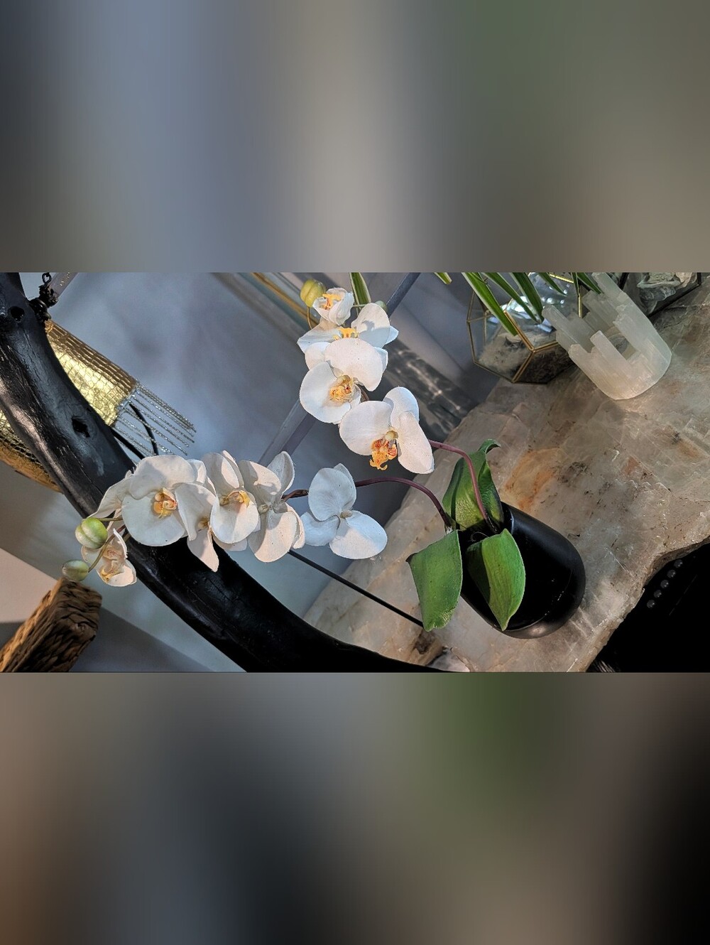 Artificial White Orchid with Black Vase
